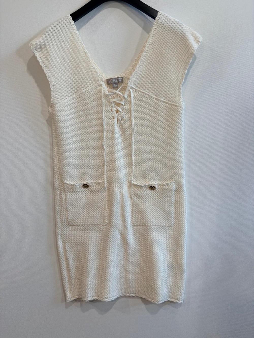 J.Crew XXS Ivory Cotton Knit Lace-Up Shift Dress Gold Buttons